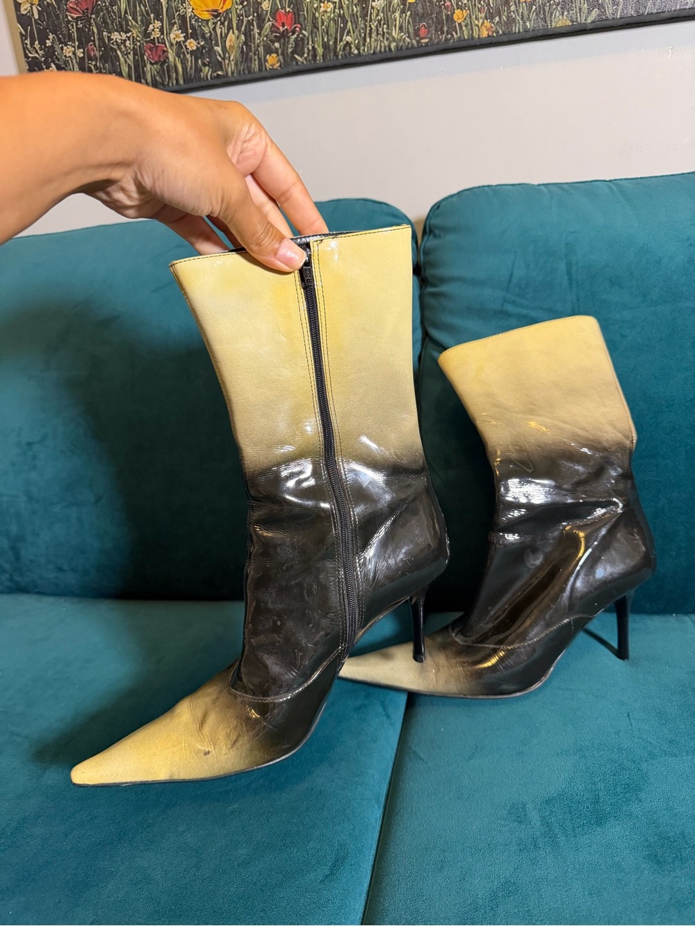 Carlos vintage Two-Tone Black and Cream Pointed Toe Stiletto Boots
